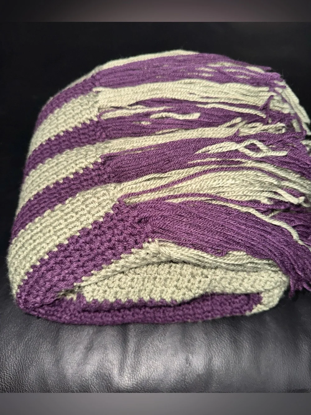 New Handmade Crochet Chair Throw Blanket Afghan Stripe Green Purple Fringe 54x64